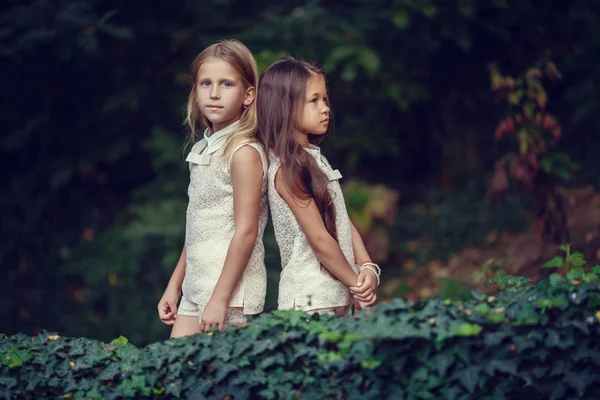 Две счастливые маленькие сестры любят и обнимаются в прекрасном парке — стоковое фото