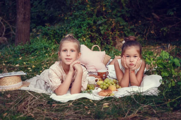 Две счастливые маленькие сестры любят и обнимаются в прекрасном парке — стоковое фото