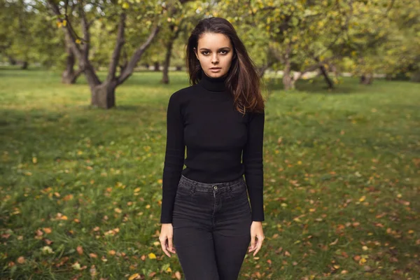 Una hermosa morena joven camina por el parque de otoño en un suéter negro y abrigo , — Foto de Stock