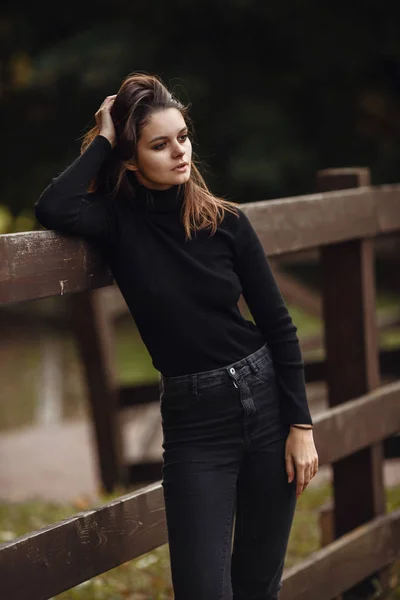 Una hermosa morena joven camina por el parque de otoño en un suéter negro y abrigo , — Foto de Stock
