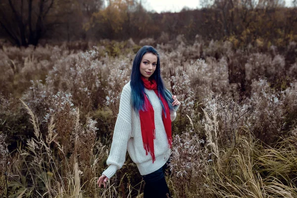 Mujer de moda caminando en el parque de otoño — Foto de Stock