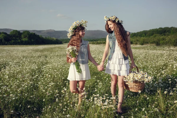 Liten flicka i ett fält av daisy blommor — Stockfoto