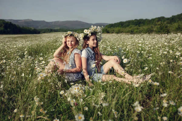 Liten flicka i ett fält av daisy blommor — Stockfoto