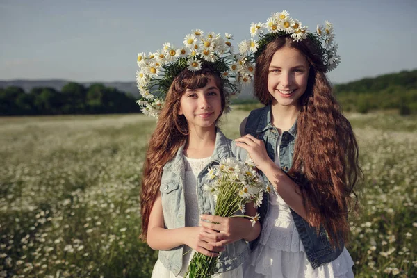 Menina em um campo de flores de margarida — Fotografia de Stock