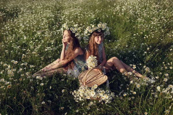 Kleines Mädchen in einem Feld voller Gänseblümchen-Blumen — Stockfoto