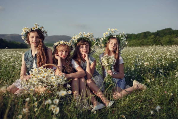 Liten flicka i ett fält av daisy blommor — Stockfoto