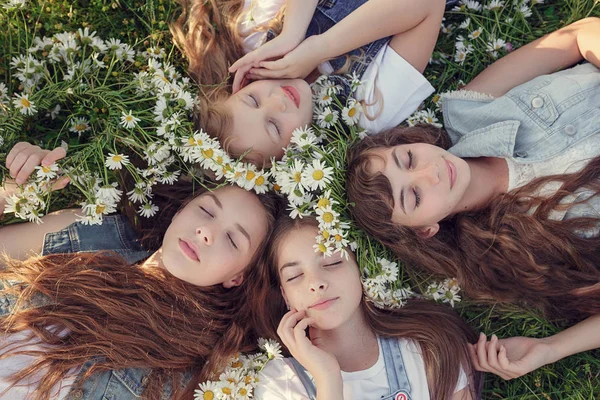 Menina em um campo de flores de margarida — Fotografia de Stock