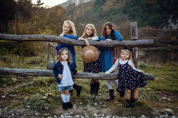 Linda menina elegante amigos perto de um lago de montanha na floresta — Fotografia de Stock