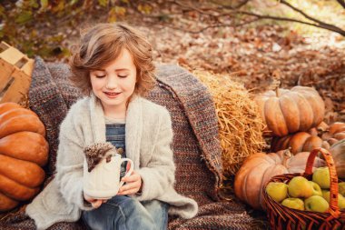 Sevimli bir kızın elinde küçük kirpi