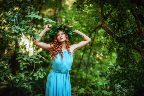 Beautiful Young Woman Red Hair Wreath Flowers Fern Forest Celebrates — Stock Photo, Image