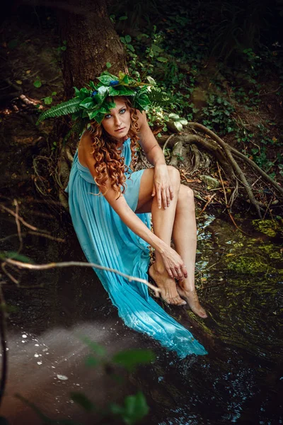 Beautiful Young Woman Red Hair Wreath Flowers Fern Forest Celebrates — Stock Photo, Image