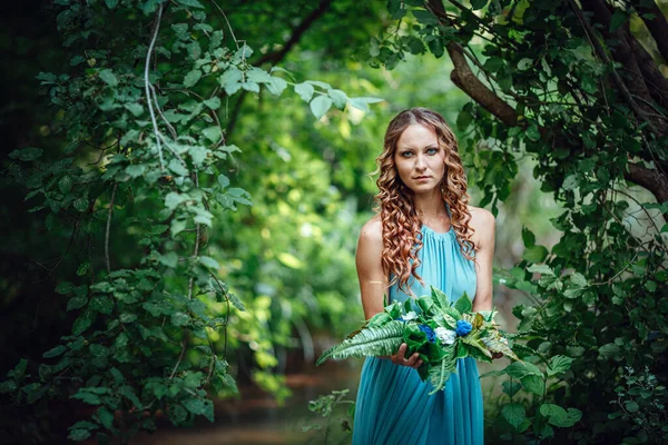 Beautiful Young Woman Red Hair Wreath Flowers Fern Forest Celebrates — Stock Photo, Image