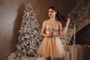 Şık bir gece elbisesi giymiş, güzel bir gece makyajı ve saç stiliyle güzel bir Noel gecesinde bir bardak şampanyayla şık bir genç kadın..