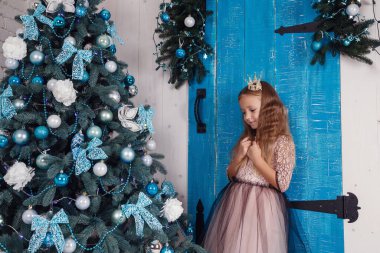 Mutlu Noeller ve mutlu tatiller. Hediyesi olan neşeli, şirin bir kız çocuğu. Noel mucizeleri. Lüks Noel süslemesi.