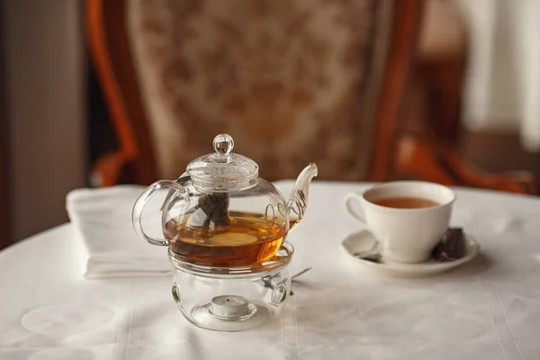 Tea Party Con Pasteles Dulces Sobre Fondo Mesa Madera Encantador — Foto de Stock