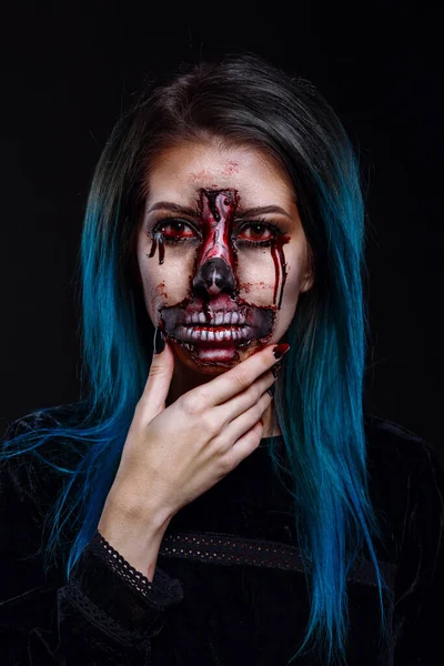 Portrait Bloody Horrible Scary Zombie Woman Halloween Festive Makeup Make — Stock Photo, Image