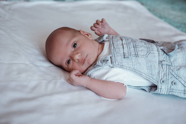 прелестный новорожденный ребенок, завернутый в шарф и с маленькой шапочкой на одеяле. Домашний портрет мальчика