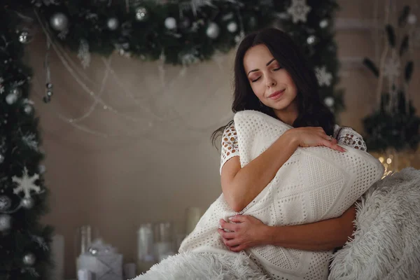 Morgen Freizeit Weihnachten Winter Und Menschen Konzept Glückliche Junge Frau — Stockfoto