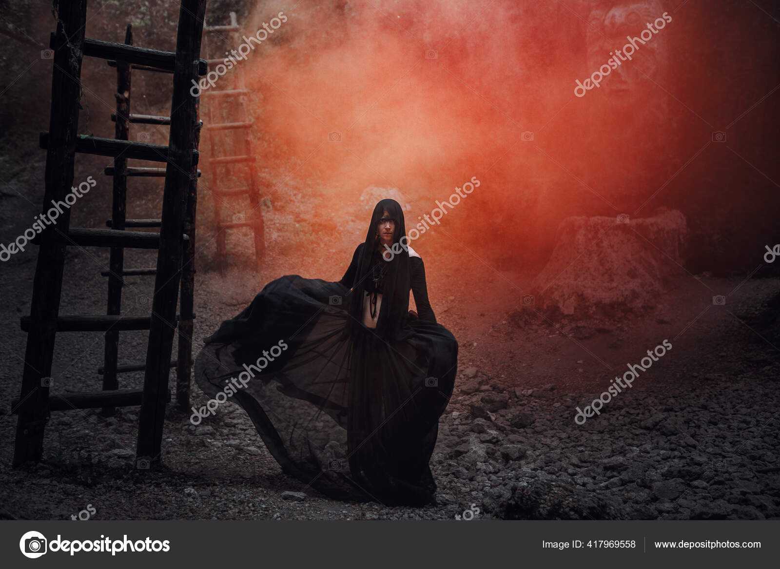 Mysterious Sorceress Woman Witch Beautiful Black Dress Walk Dark