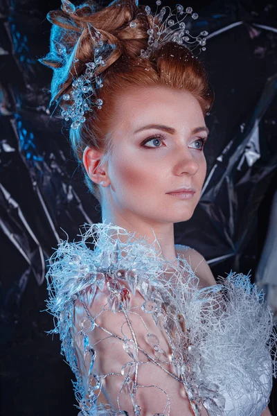 Snow Queen High Fashion Portrait Blue Ice Background Inglés Retrato — Foto de Stock