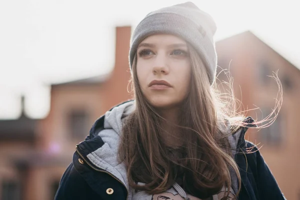 Portrait Fille Chapeau Gris — Photo