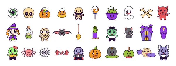 Set di icone kawiaii di Halloween — Vettoriale Stock