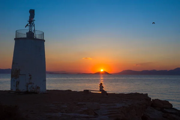 Old Small Lighthouse Aegina Island Saronic Gulf Greece Sunset — Stock Photo, Image