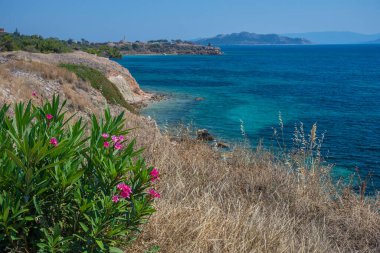 Yunanistan 'ın Saronik körfezinde Akdeniz' in berrak ve mavi sularıyla Aegina adasının vahşi kıyıları.