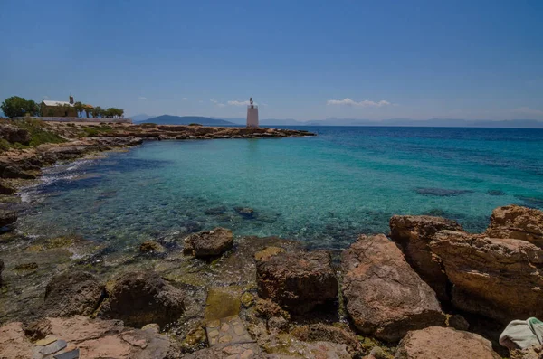 Den Vilda Kusten Aegina Med Klart Och Blått Vatten Medelhavet — Stockfoto
