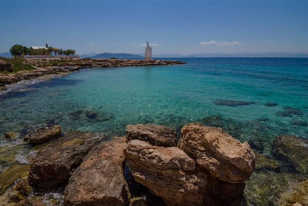 Costa Selvagem Ilha Aegina Com Águas Claras Azuis Mar Mediterrâneo — Fotografia de Stock