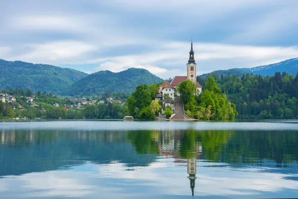 Krásné Ráno Jezera Bled Julian Alps Pozadí Jezerní Ostrov Okouzlující — Stock fotografie