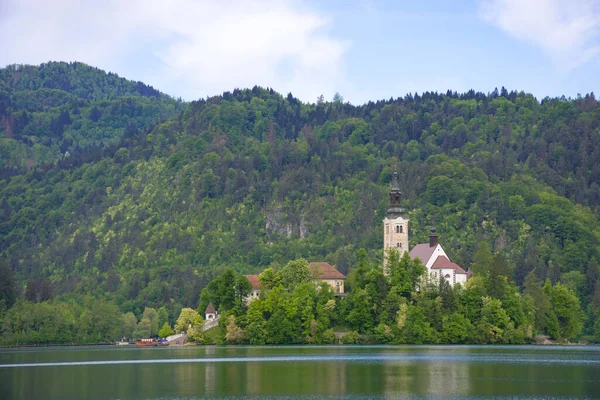 Morgen Bleder See Und Den Julischen Alpen Hintergrund Die Seeinsel — Stockfoto