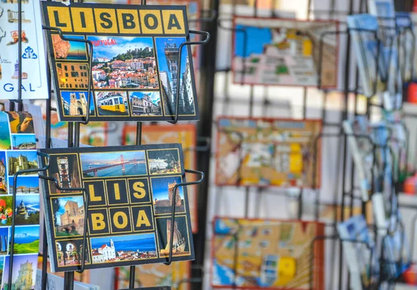 Lisbon Portugal August 2018 Colorful Postcards Tourists Street Shops — Stock Photo, Image