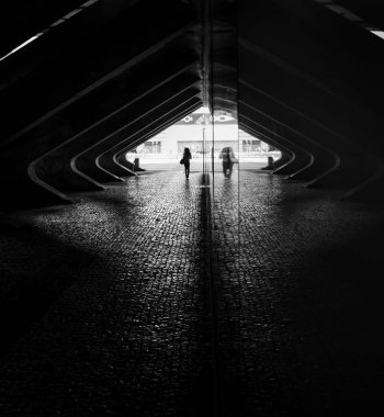 Lizbon, Portekiz - 05 Ağustos 2018. İnsanlar ve Oriente İstasyonu 'nun (Gare do Oriente) modern mimarisi mimar Santiago Calatrava tarafından tasarlanmıştır..