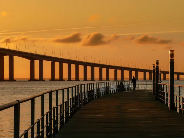 Pêcheurs Lever Soleil Près Pont Vasco Gama Long Pont Europe — Photo