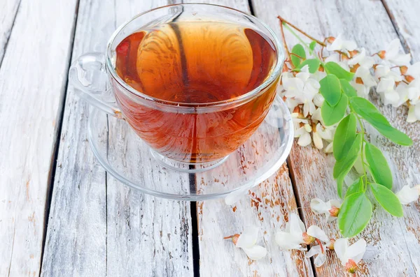 Исцеление Травяного Чая Медом Цветов Акации Сваренных Чайнике Ветви Акации — стоковое фото