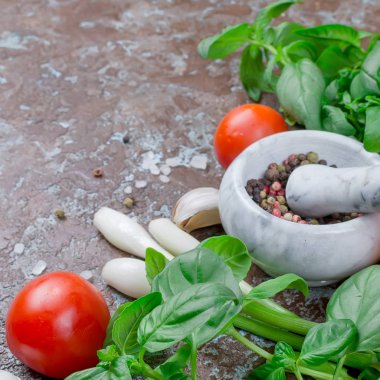 Olgun kırmızı ve sarı domates, yeşil soğan ve fesleğen, sarımsak, tuz ve baharat karanlık bir taş zemin üzerine. Üstten görünüm, kopya alanı. 