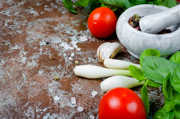 Olgun kırmızı ve sarı domates, yeşil soğan ve fesleğen, sarımsak, tuz ve baharat karanlık bir taş zemin üzerine. Üstten görünüm, kopya alanı. 