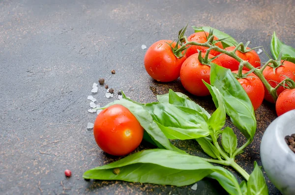 Tomates Vermelhos Amarelos Maduros Cebola Verde Manjericão Alho Sal Especiarias — Fotografia de Stock