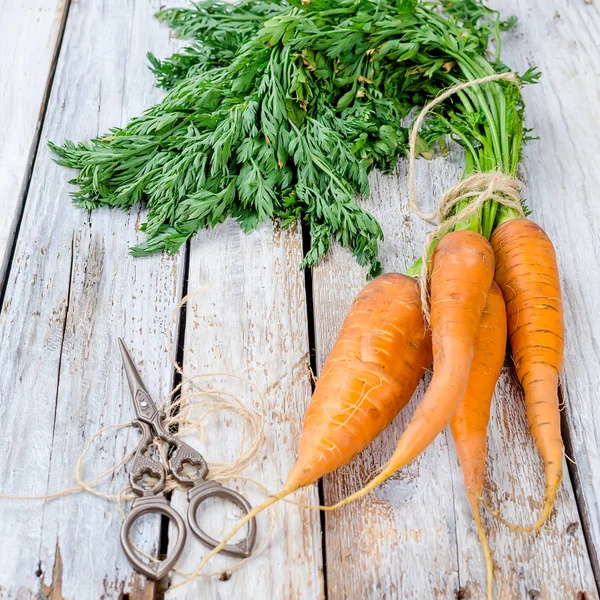 Gäng Färska Morötter Med Gröna Blad Rustik Vit Trä Bakgrund — Stockfoto