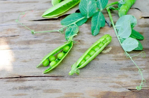 Pods Young Green Peas Pea Old Rustic Wooden Background Dark — Stock Photo, Image