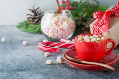 Kırmızı Kupası, ev yapımı Noel sıcak çikolata, Noel ve kış için bir köknar ağacı dalı, şekerler ve zencefilli bisküvi ahşap arka plan üzerinde tatil. Tatil kavramı, kopya alanı