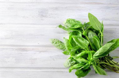 beyaz eski rustik ahşap zemin üzerinde şube ile büyük yeşil taze fesleğen yaprakları, en iyi görünümü, kopya alanı kapatın