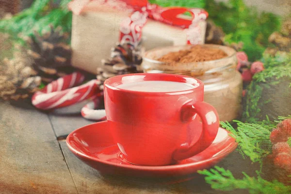 Red Cup Homemade Christmas Hot Chocolate Christmas Winter Holidays Fir — Stock Photo, Image