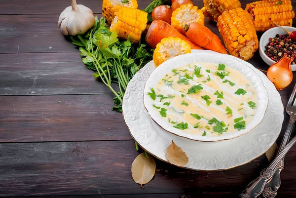 Homemade Corn Cream Soup Sour Cream Herbs White Plate Slices — Stock Photo, Image