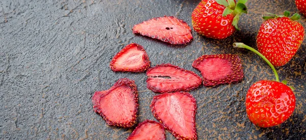 Ripe Juicy Strawberries Form Dry Chips Fruit Leather Rolls Dark — Stock Photo, Image