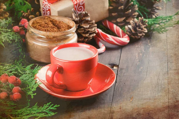 Red Cup Homemade Christmas Hot Chocolate Christmas Winter Holidays Fir — Stock Photo, Image