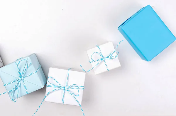 Light Blue White Gift Boxes Ribbon White Table Holiday Concept — Stock Photo, Image