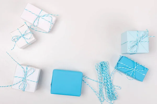 Light Blue White Gift Boxes Ribbon White Table Holiday Concept — Stock Photo, Image