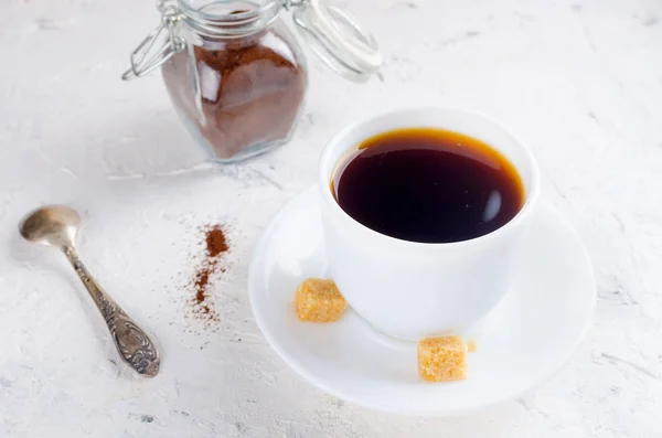 Tasse Blanche Café Pot Verre Avec Poudre Café Sur Fond — Photo